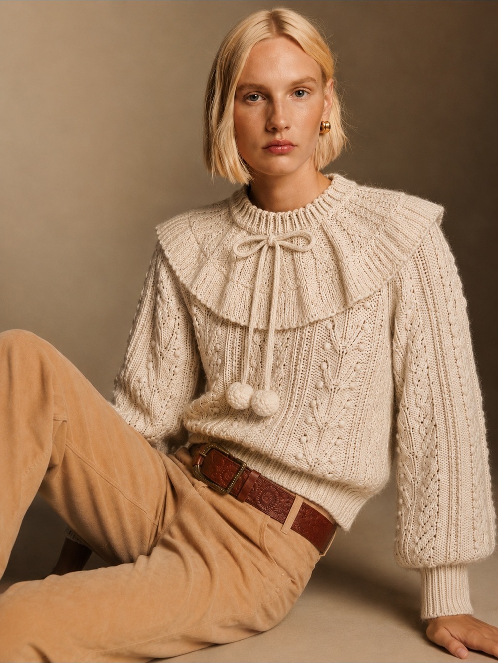 LoveShackFancy‎ Cream Avenue Sweater XS
Puritan Collar Pom Pom Cable Knit